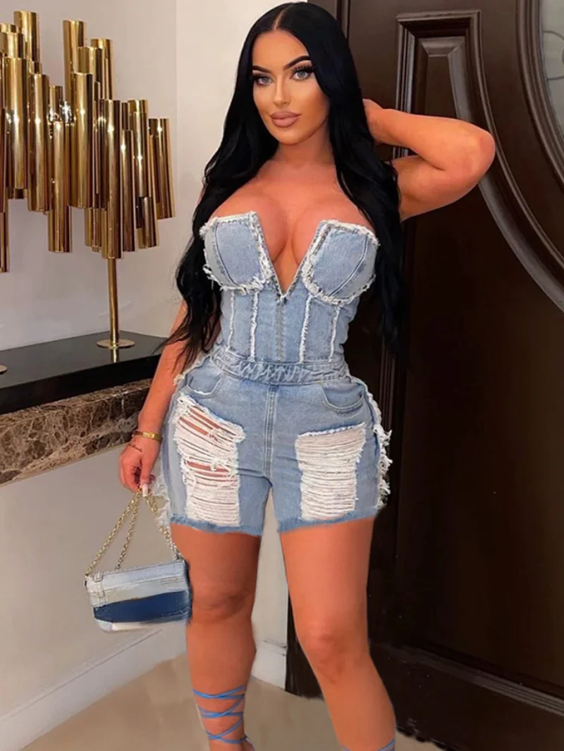 

2023 Sexy Strapless V-neck Holes Denim Bodysuit Streetwear Women Fashion High Waist Tunics Hollow Out Backless Zip-up Playsuits