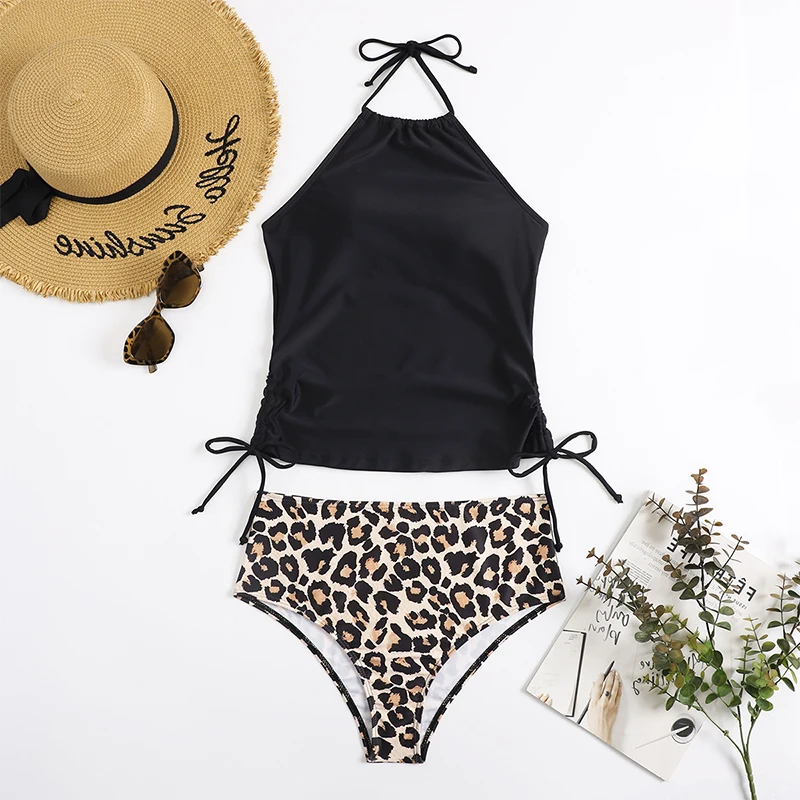 

Leopard Tankini Swimsuits For Women Tummy Control Two Piece Bathing Suits High Neck Halter Tank Top With Bikini Bottom Swimwear