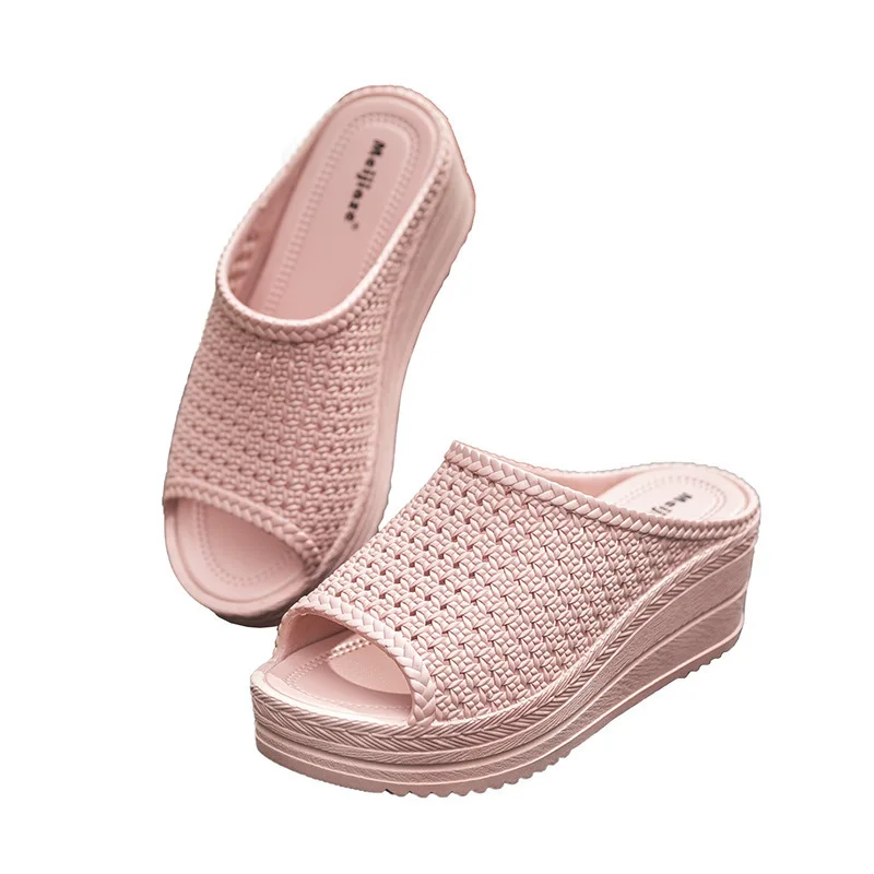 

Summer Women Casual Slippers Hollow Out Breathable Platform Wedge Peep Toe Thick Sole Outdoor Slides Height Increasing Shoes