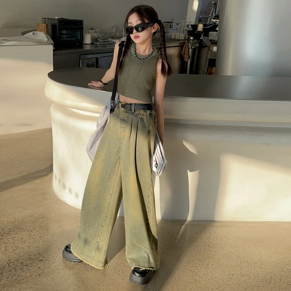 Костюмы для девочек Новинка весна-осень 2024 Трикотажный жилет в Корейском стиле