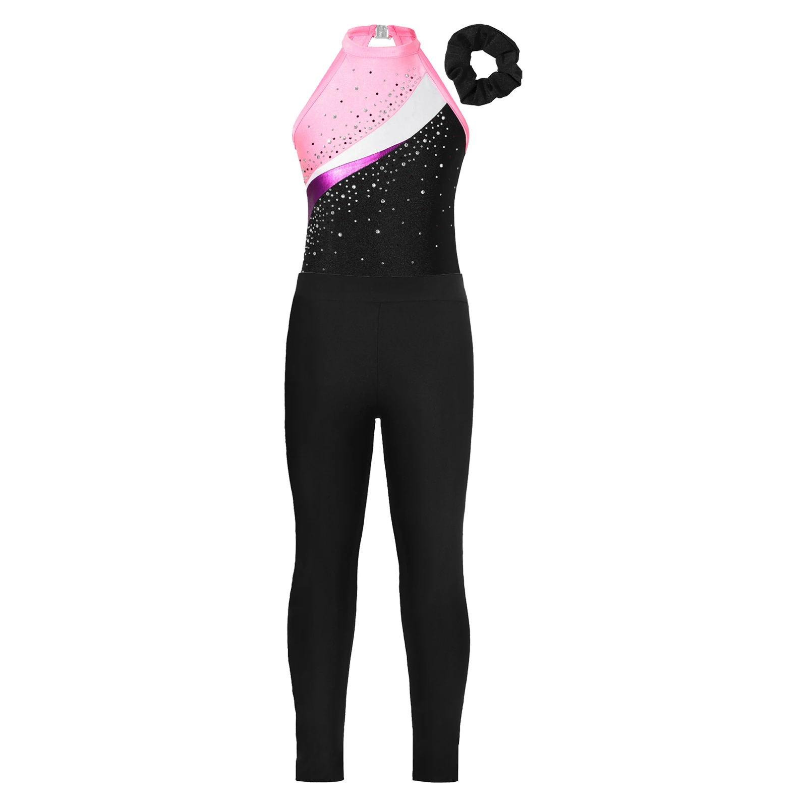 

Kids Girls Sleeveless Round Neckline Shiny Rhinestones Decorated Hollow Back Leotard with Hair Band And Leggings for Dance Gym