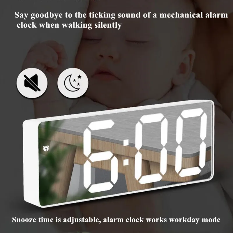 

Mirror Digital Alarm Clock Voice Control Table Clock Snooze Night Mode Electronic LED Clocks Battery/Plug-in Powered