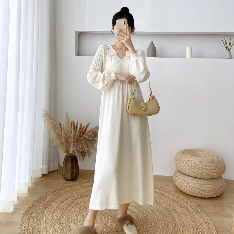 

2021 Autumn Winter New Maternity Dress Long Wool Dress Over The Knee Loose Large Spicy Mother Knitted Dress Women