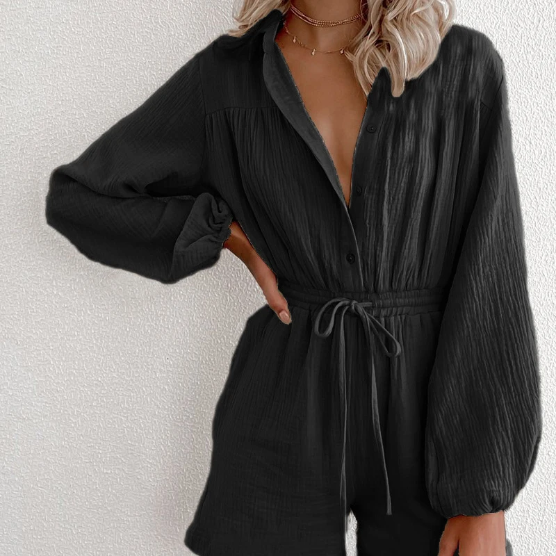 Foridol Long Sleeve Turn Down Collar Wide Leg Autumn Romper Overalls Sash Casual Oversized Playsuit  Short Jumpsuit