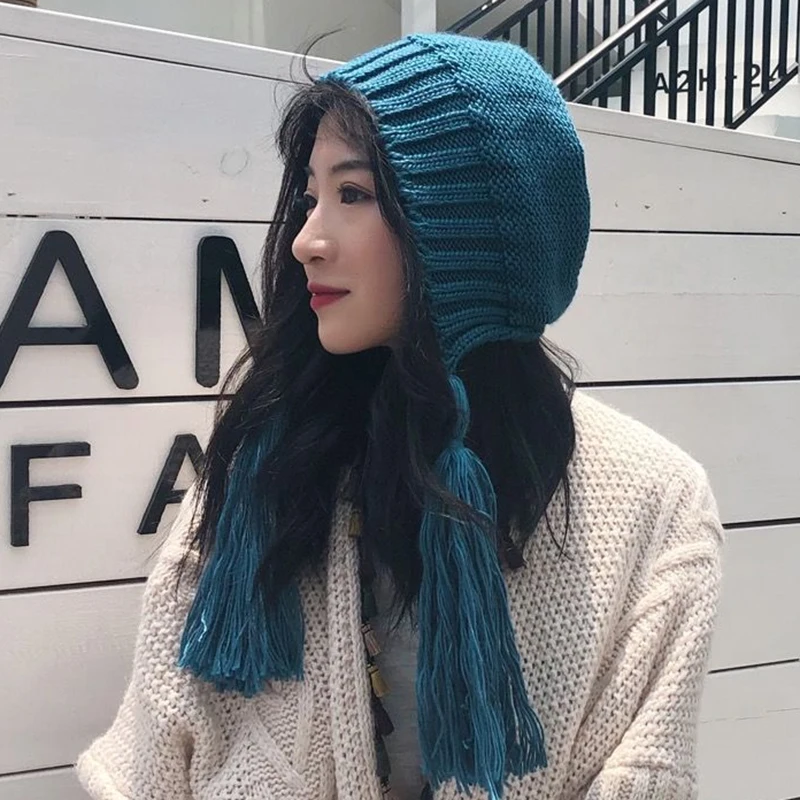 

Fashion Women Long Tassel Beanie Hats Spring Winter Knitted Solid Color Cap Ribbed Casual Slouch Hat Mujer Leisure Elastic Cap