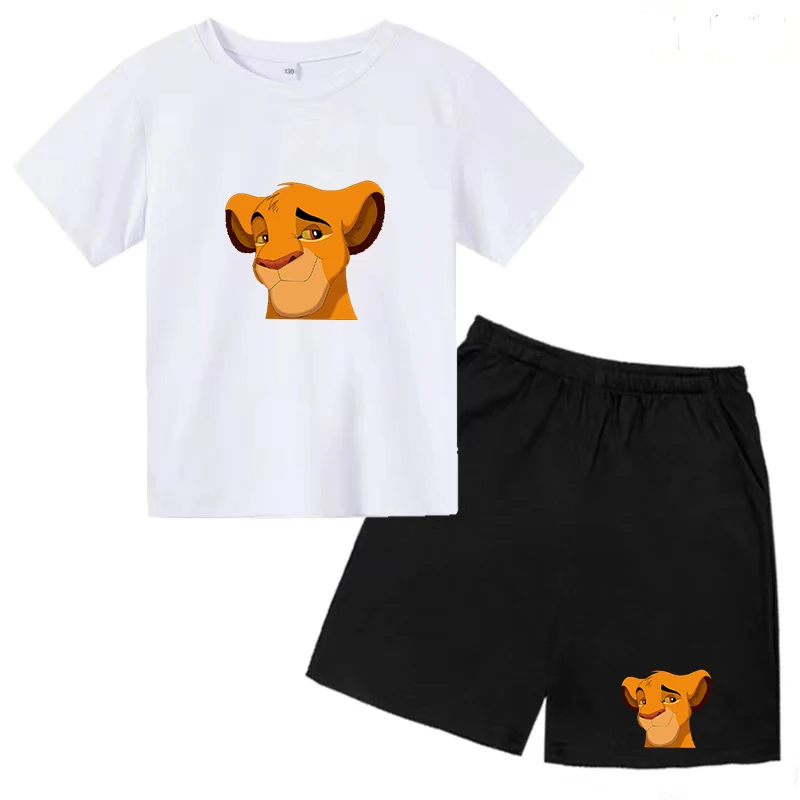T-shirt Kids Disney Simba Cartoon Cotton Casual Wear Boys Lion King Summer 3-12 Year Old Girls Baby Charming Shirt Shorts Suit
