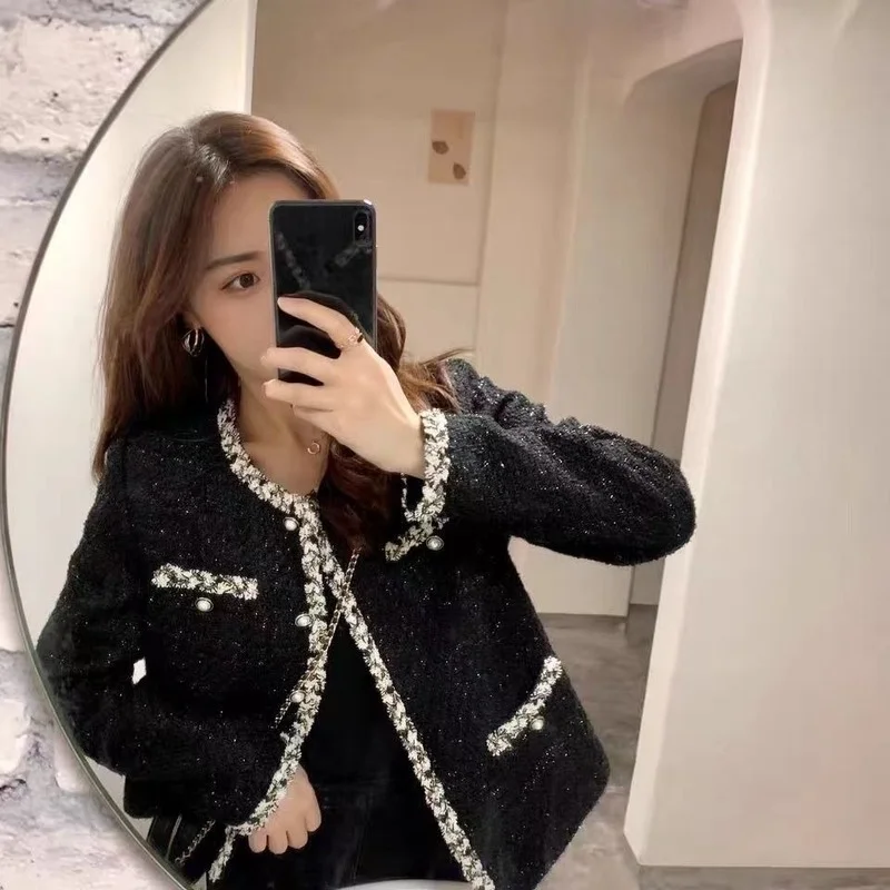 

New Fashion Spring Autumn Women High Quality Single-Breasted Tweed Woolen Coat Round Neck Long Sleeve Tassel Jacket E121