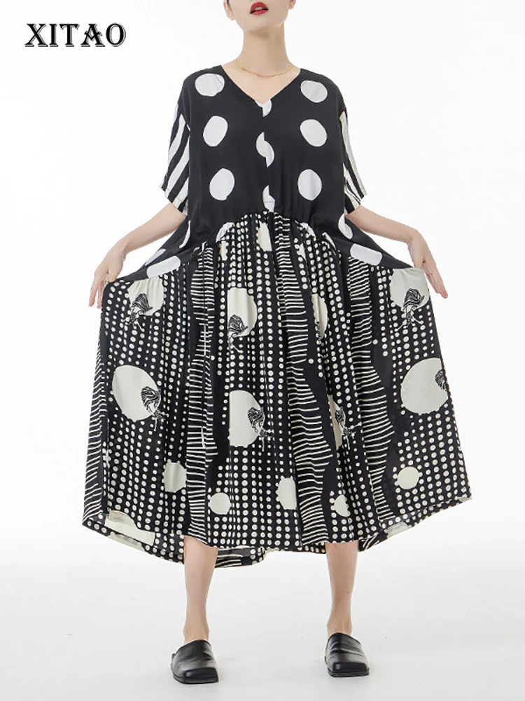 

XITAO Polka Dots Print Dress Fashion Casual Loose Contrast Color Splicing Temperament V-neck Collar Women Summer New WMD6924
