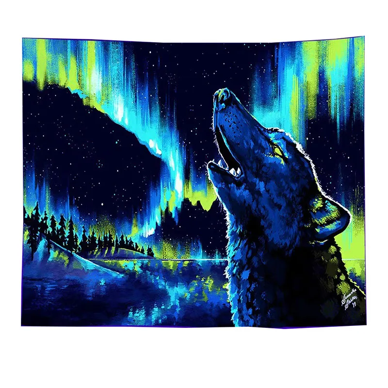 

Trippy UV Wolf Tapestry Psychedelic Wall Hanging Blanket Moon Mural