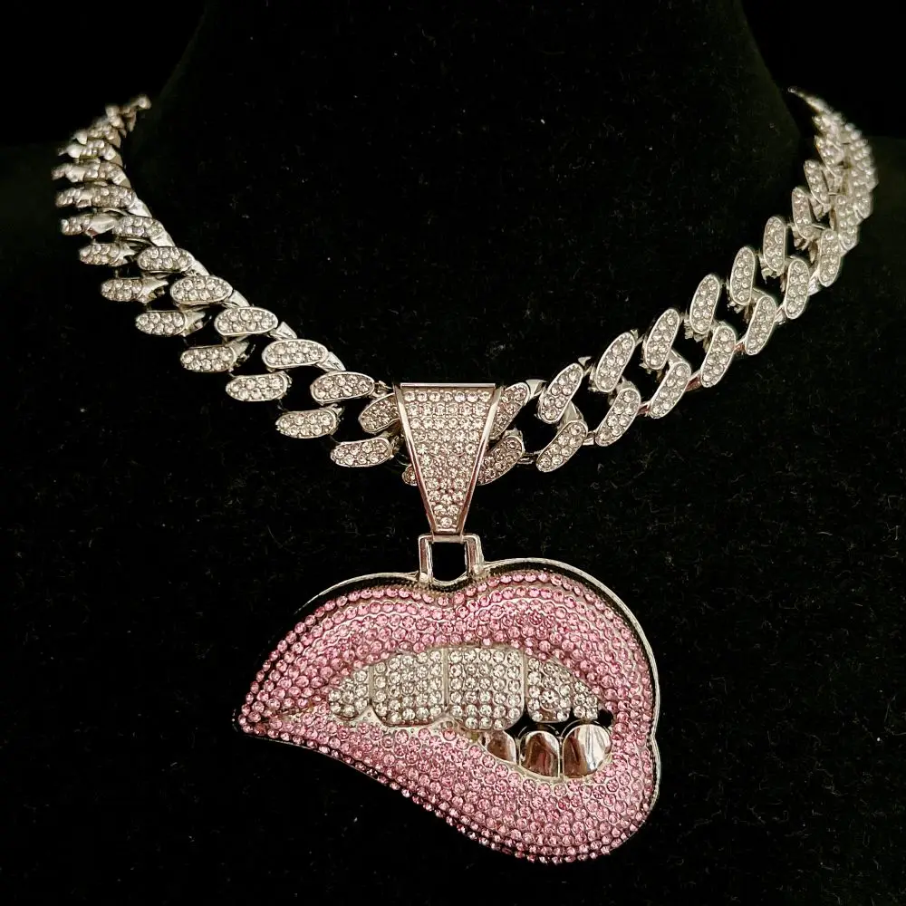 AAA Rhinestone Iced Out Miami Cuban Link Chain Sexy Biting Lips Pendant Necklace For Men's Chains Hip Hop Jewelry Women |
