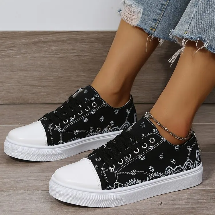 

Women Casual Sneakers Elegant Floral Printed Lace Up Flat Slip on Shoes Fashion Round Toe Vulcanized Shoes Zapatos De Mujer shoe