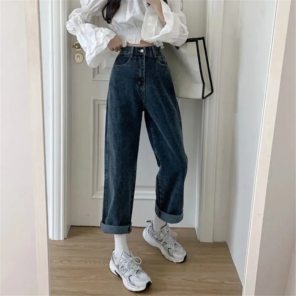 

Women'S High Waist Straight Jeans Black Spring Autumn New Loose Trousers Ladies Casual Comfortable Wide Leg Mom Long Denim Pants