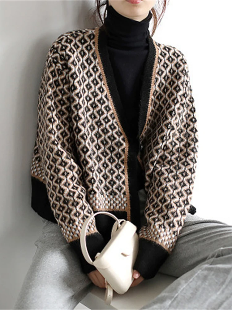 

Vintage Plaid Sweaters for Women Fashion Knitted Cardigans Woman Autumn Winter Thick Warm Sweater Causal Female Korean Coats