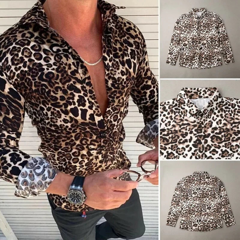 

New2022 new style Fashion leopard print party club wedding clothes men long sleeve shirts casual panther blouse man tops