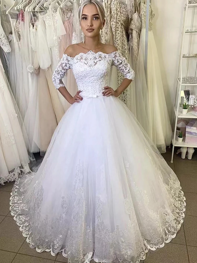 

Женское свадебное платье со шлейфом GUXQD, белое кружевное платье невесты с рукавом три четверти, с аппликацией и оборками