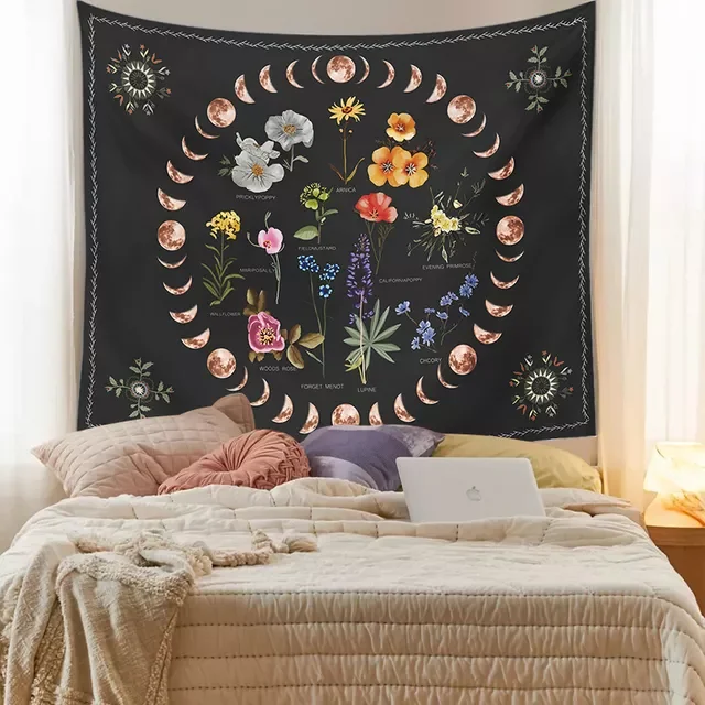 

Moon Phase Tapestry Bohemia Flowers Plants Pattern Blanket Tapestry Bedroom Bedspread Decoration Sky Carpet