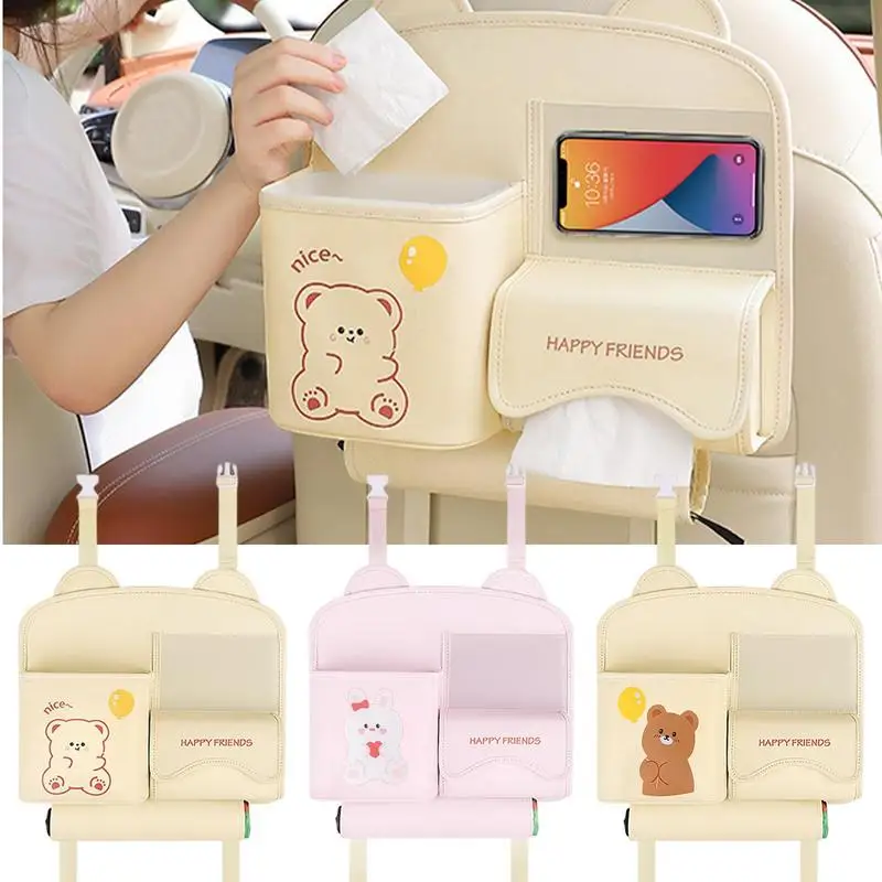 

Universal Car Back Seat Organizer Waterproof Car Storage Container Multifunctional PU Leather Cute Cartoon Storage Trash Can