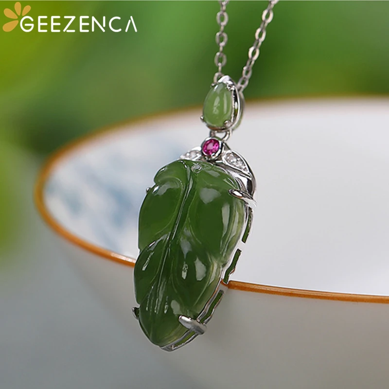

Ожерелье GEEZENCA из серебра 925 пробы с натуральной яшмой, кулон для женщин, Изящные Ювелирные изделия, милые модные подвески из зеленого нефрит...
