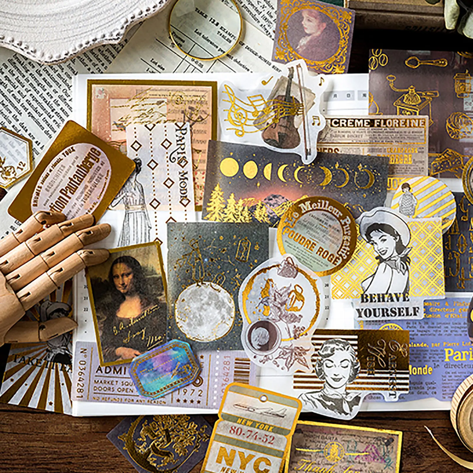 

60Pcs Renaissance Series Stickers Bronzing Sticker Aesthetic Decals DIY Diary Journal Album Scrapbooking Decoration Stick Lable