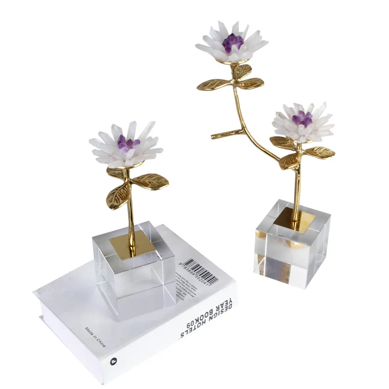 Brass Amber Branch Ornament Amethyst Simulation Flower Metal Branches Crystal Base Flowers Home Decoration