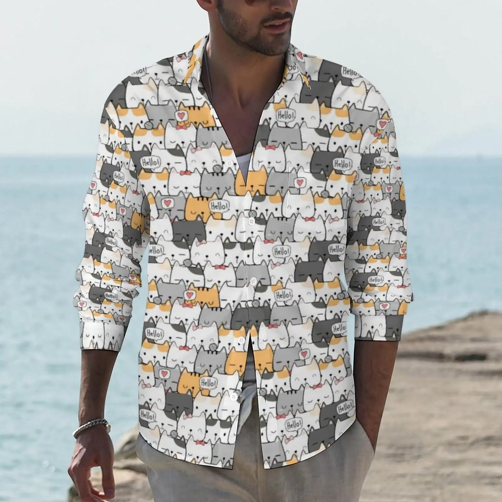 

Стильная Повседневная рубашка с милым принтом кошек, Мужская забавная рубашка с животными, осенняя Свободная блузка с длинным рукавом, Одеж...