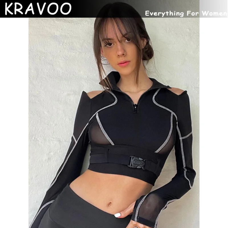 

KRAVOO Techwear Grunge Black Buckle Patchwork T-shirts Women Punk Sexy Open Shoulder Skinny Cropped Tops Hip Hop Streetwear