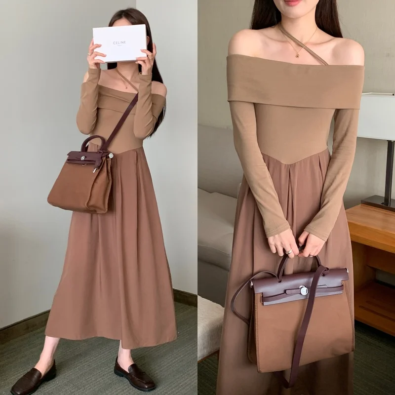 

WDMSNA Korean Fashion Slash Neck Robe Femme Strapless Long Sleeve Slim Waist Dress for Women Autumn New Chic Sexy Long Vestidos