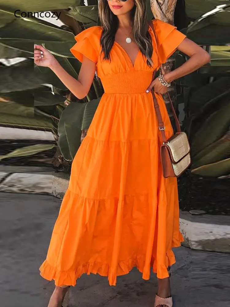 

Sexy Deep V-Neck Dress Summer Fashion Pleated Elastic Waist Loose Party Dress Womens Elegant Short Sleeve Solid Color Long Dress