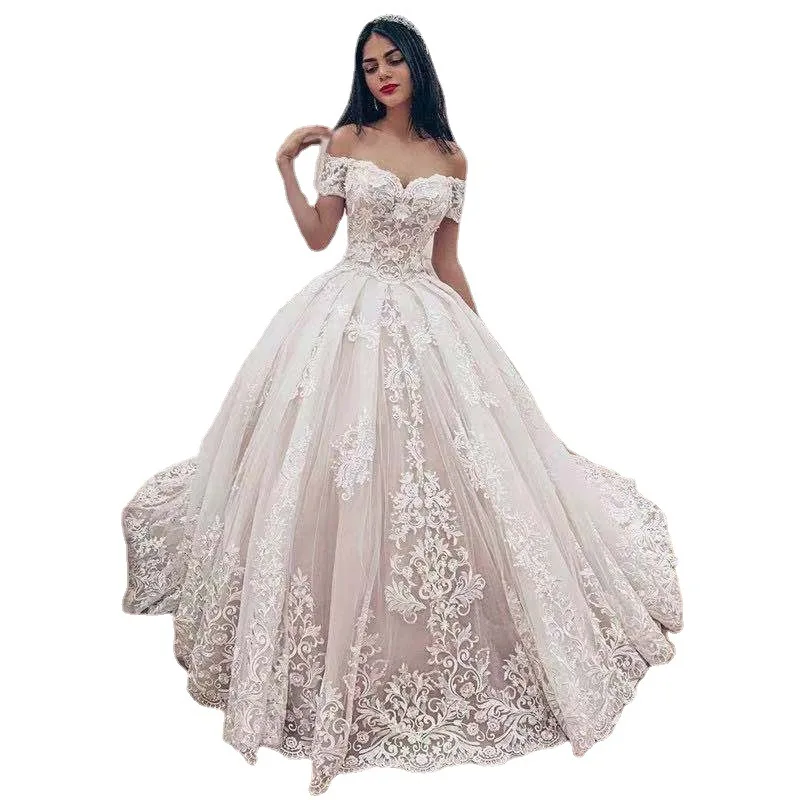 

Y&M White Ivory Champagne Sweet Vestido De Noiva Custom Plus Size Wedding Dress Off Shoulder Long Embroidery Appliques Bridal