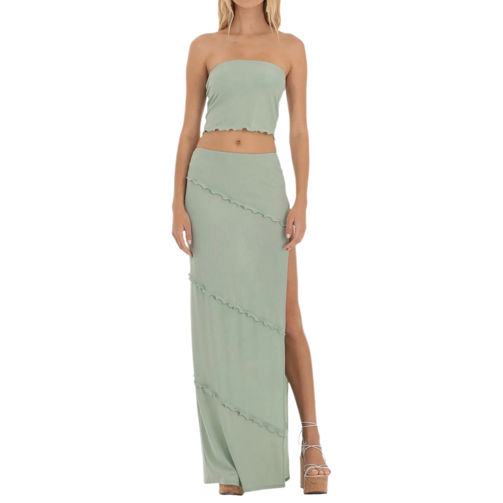 

Женский однотонный пикантный комплект из 2 предметов, топ без рукавов с открытой спиной и разрезами по бокам, облегающий комплект из двух предметов, Y2K