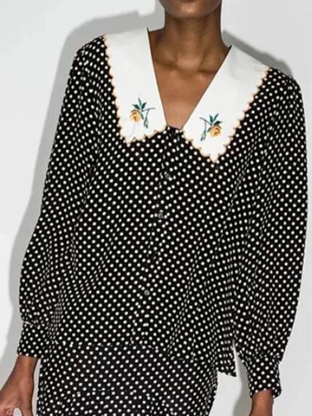 

Dot Vintage Women's Shirts Spring Chic Floral Embroidered Blouse Cozy Silk Lantern Sleeve Turn-down Collar Daily Casual Tops
