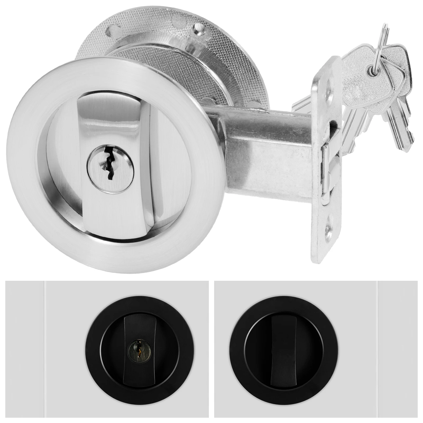 Bed/Bath Pocket Door Lock and Pull Round Privacy Door Lock with Key Recessed 2 Sided Invisible Sliding Door Locks Hardware for 1
