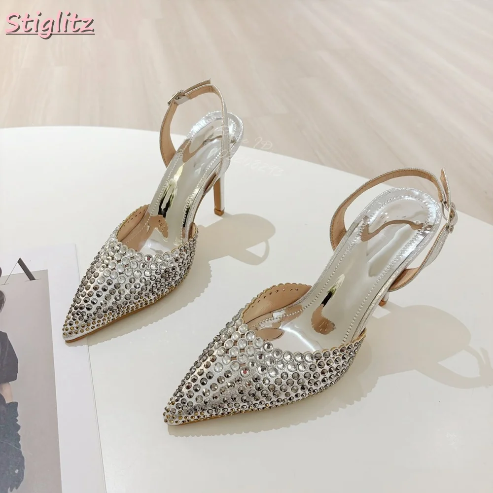 Серебряные туфли-лодочки на шпильке с кристаллами красивые сандалии острым