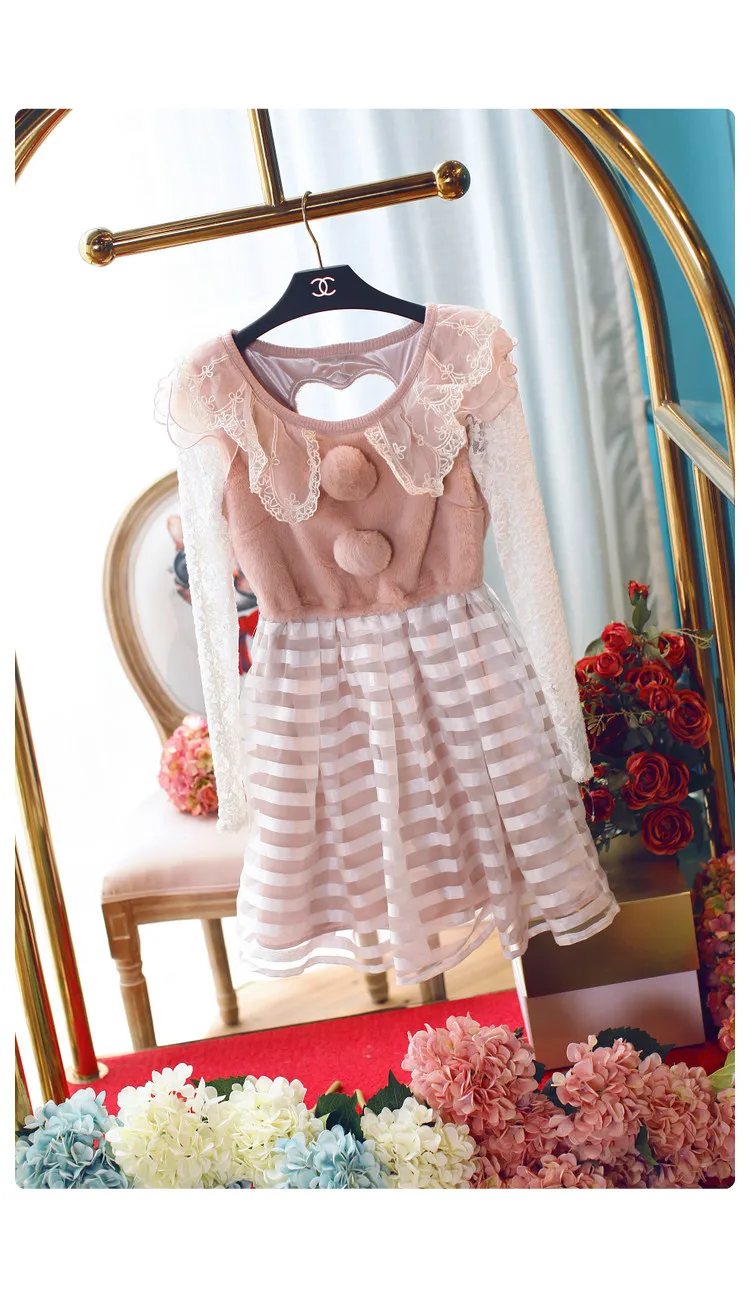 Японское зимнее платье Лиза из органзы меховые Ажурные кружевные мини-платья со