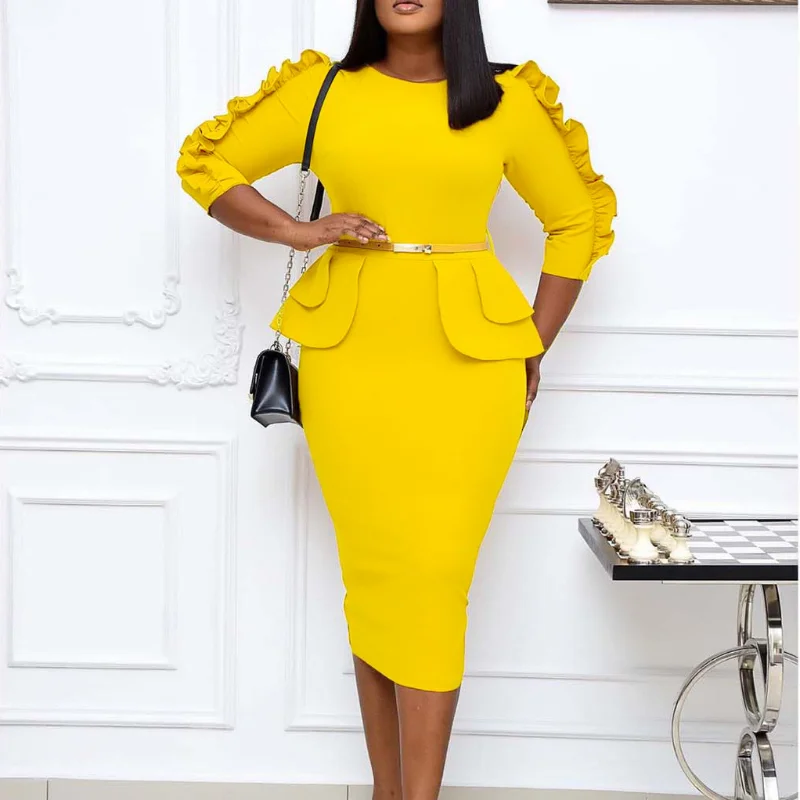 

Ruffles Women Solid Color Midi Pencil Skirt Commute Round Neck Back Zipper Design Three Quarter Sleeve Bag Hip Dresses