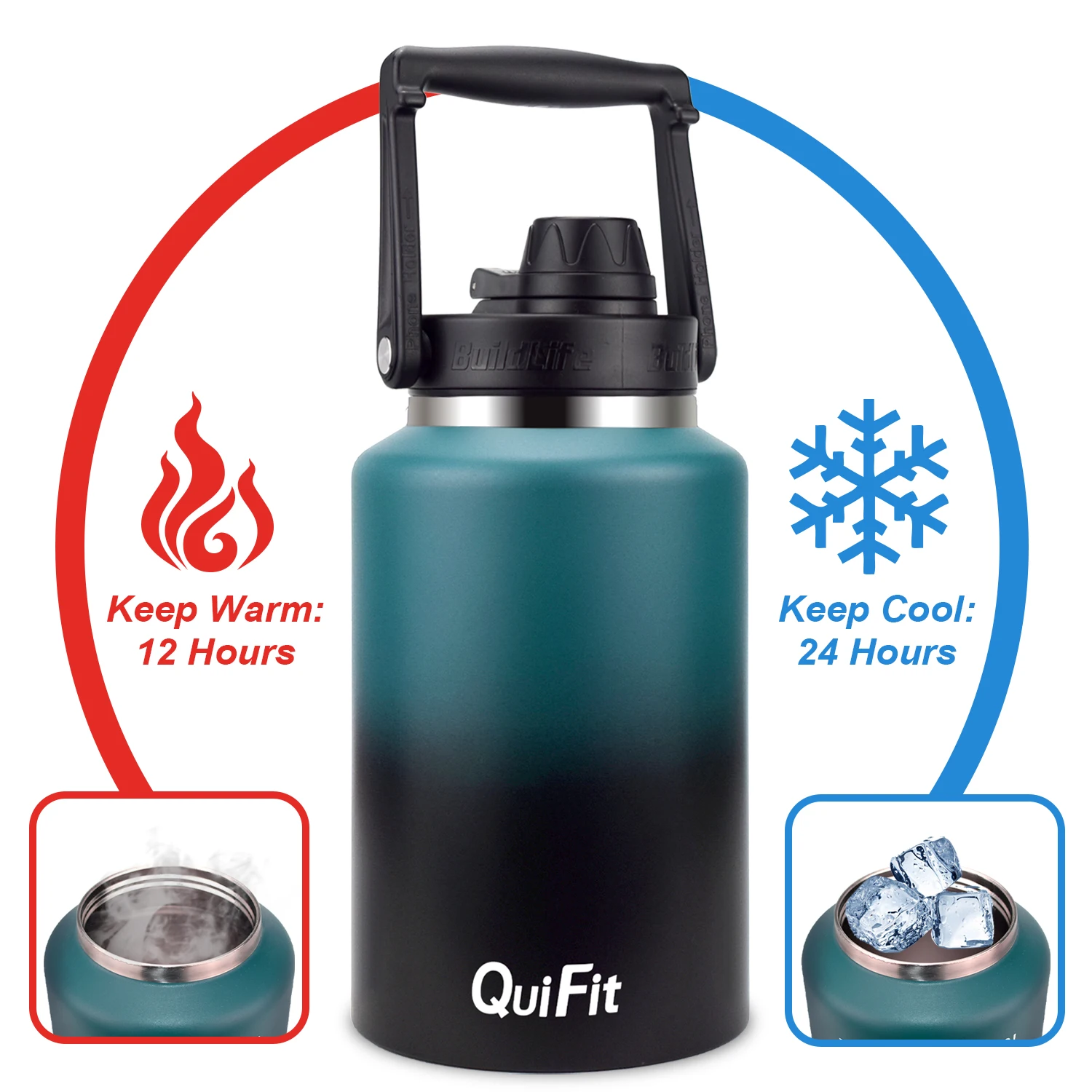 Quifit Нержавеющая сталь бутылка для воды 2L 64 унций с соломенная шляпа вакуумной