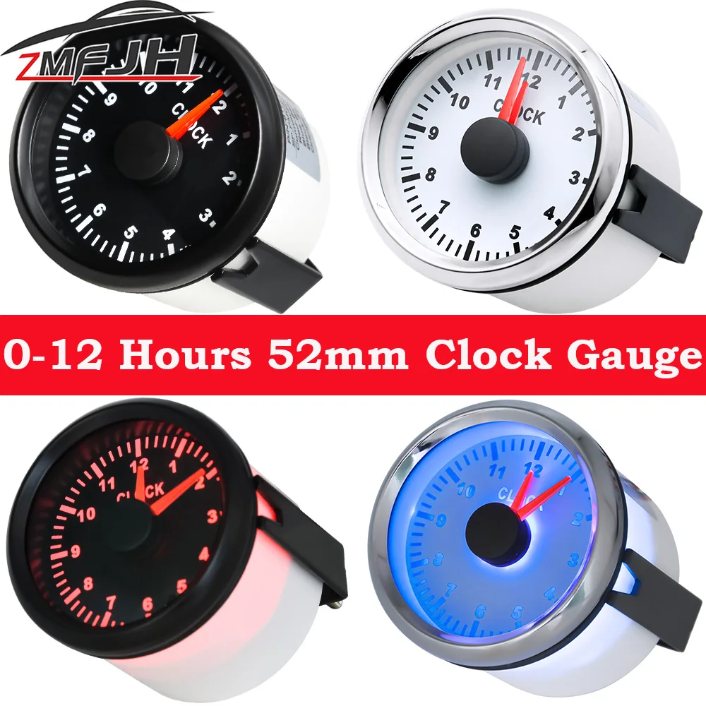 A 12 Hours Red Pointer Type Clock Gauge 52mm Car Boat Clock Meters Hourmeters Red/Blue Backlight For Marine Boat Car Waterproof