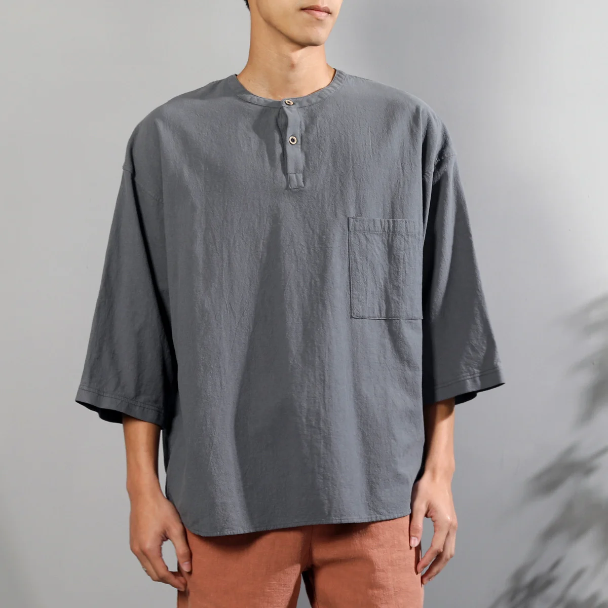 

Japanese Fashion Loose Blouse Mens Cotton Solid Button Up Pullover Plain Casual Half-sleeved Shirts