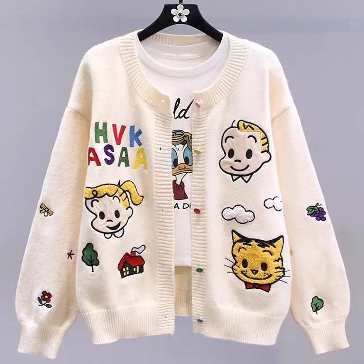 

Hsa Женский Зимний вязаный кардиган 2023 осень зима длинный рукав Kawaii шикарный уличная одежда Тигры вышивка свитер пальто