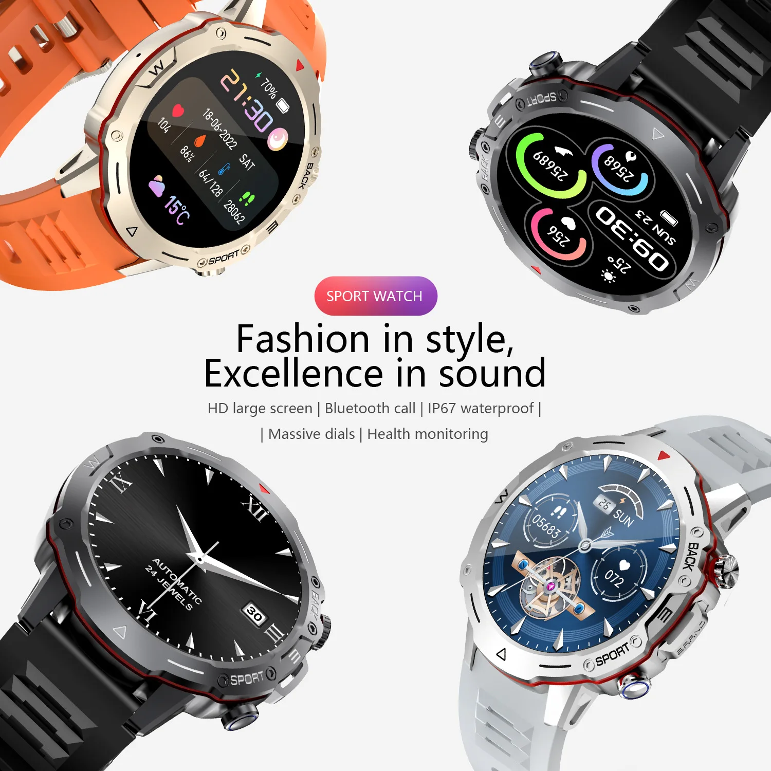 

Neutral smart watch Bluetooth call long battery life Ruiyu round screen touch sports outdoor international version