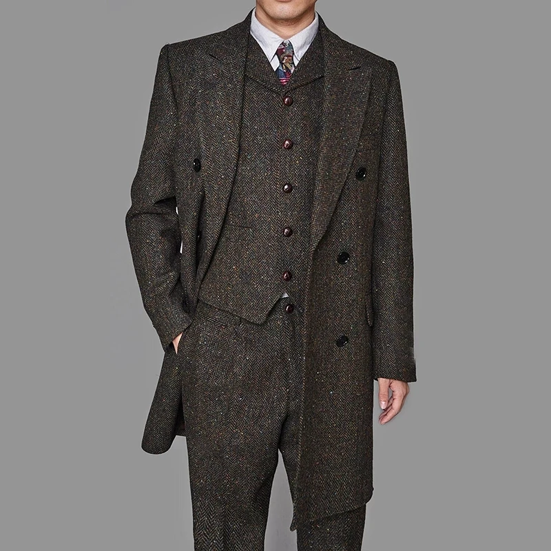 3 Pieces  Men's Suits Formal Single Breasted Slim Fit Herringbone Tweed Wool Middle Long Style  Groomsmen (Blazer+Vest+Pants)