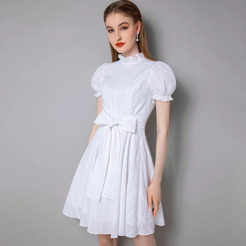 High end celebrity bubble sleeve dress women's new summer pure cotton temperament ear edge skirt