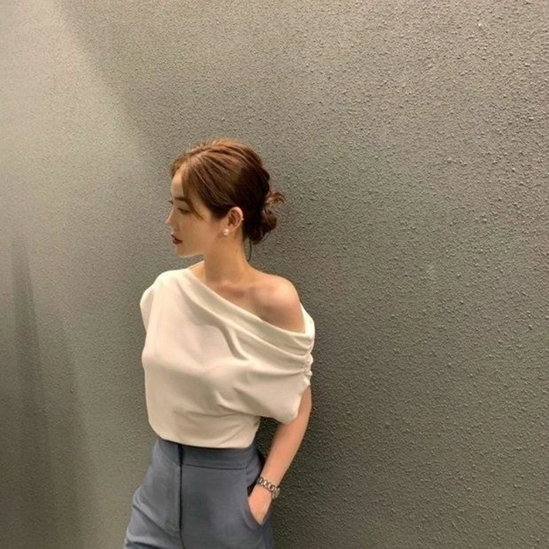 Корейские новые женские футболки элегантные повседневные со складками и