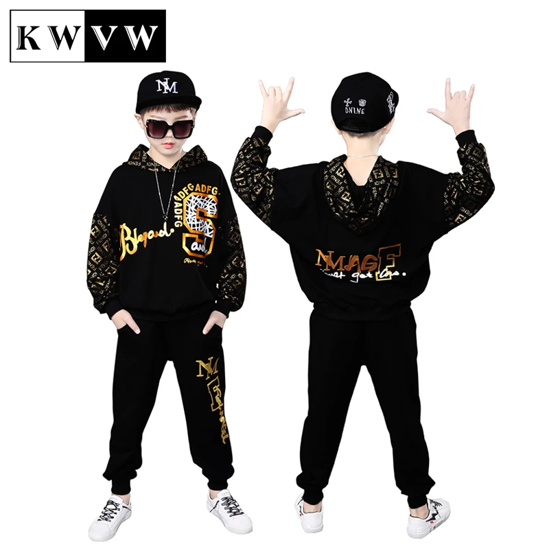 

KWVW 4-18 Year Boy Clothes New Autumn Spring Children Clothing Fashion Black Cartoon Sportswear Outdoor Comfortable Kids Suit