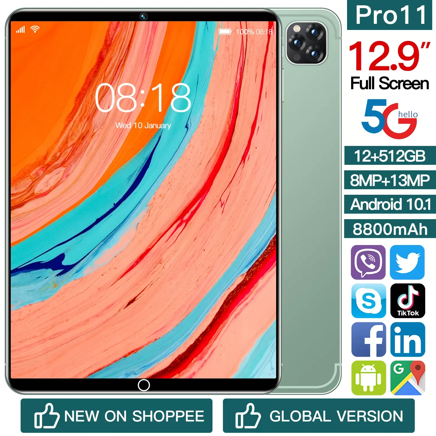 

Планшет с 10,1-дюймовым дисплеем, Android 10, 2 Sim-карты, 12,9 мАч