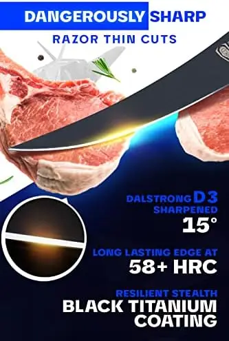 

Black Series Black Nitride Coated High Carbon 7CR17MOV-X Vacuum Treated Steel Fillet Kitchen Knife, 6 Inches, Sheath Included