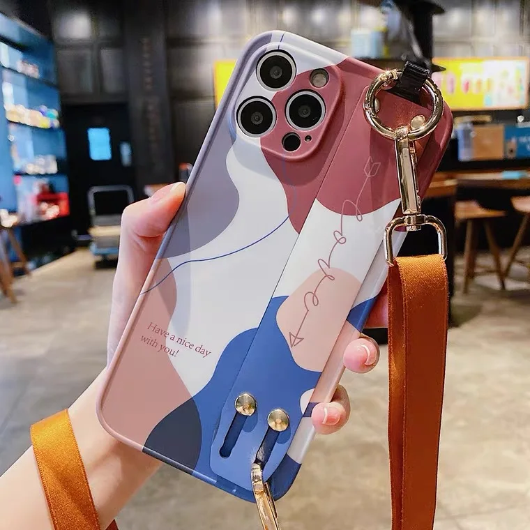 

Suitable for IPhone 11/12/13promax Mobile Phone Case Art Morandi Color Wristband Crossbody Lanyard Fall Prevention Smart Cover