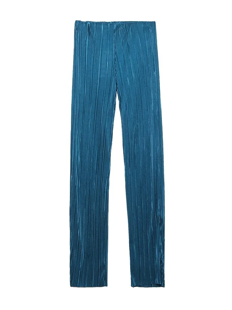

TRAF Women 2022 Fashion Solid Color Pleated Straight Pants Vintage High Waist With Elastic Waistband Female Trousers Streetwear
