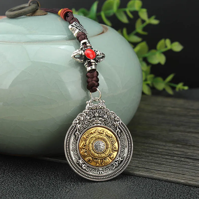 

Antique Silver Color Eight Trigrams Lanyard KeyChain Tibetan Buddhist Zodiac Woven Rope Pendant Mens Womens Jewelry Gifts