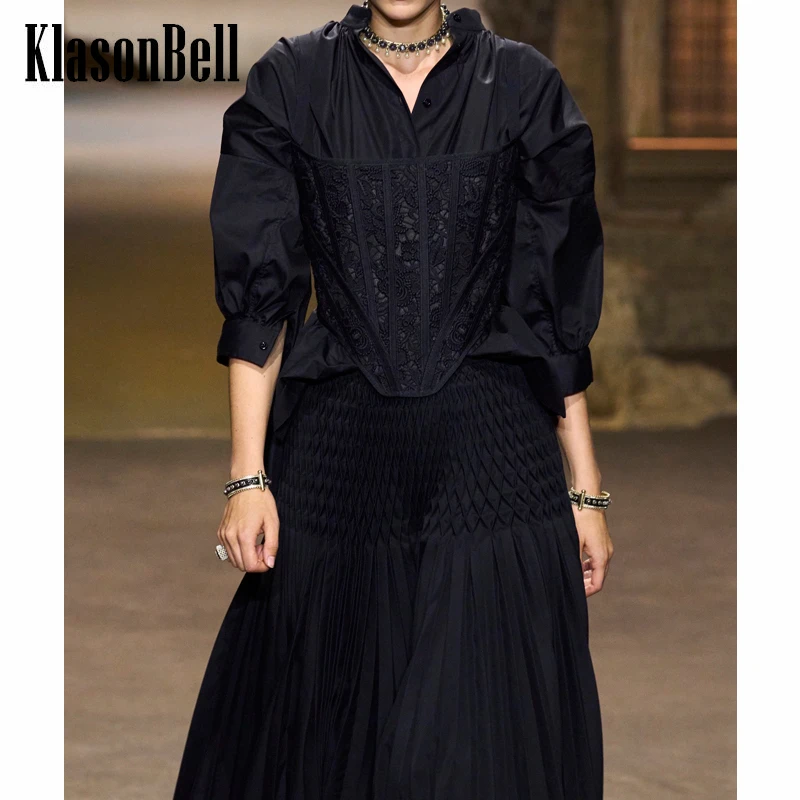 12.7 KlasonBell Fashion Puff Sleeve Stand Collar Embroidery Single Breasted Loose Cotton Midi Shirt Women